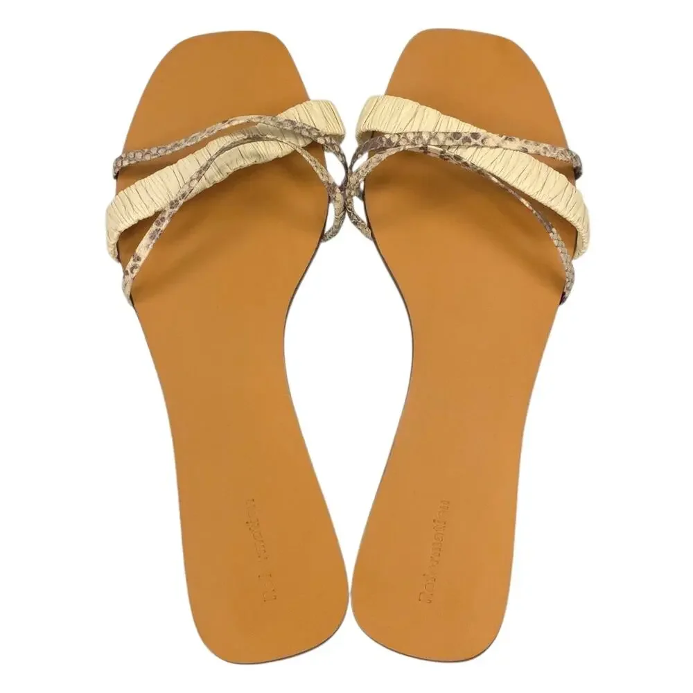 Reformation Katina Strappy Flat Slide Sandals Parmesan and Snake
